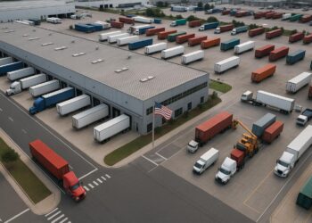 Vista aérea de centro logístico industrial con camiones y contenedores en movimiento.