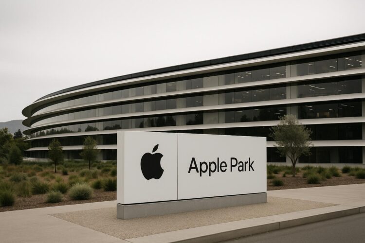 Vista frontal de Apple Park con fachada curva y tonos neutros que reflejan expansión corporativa.