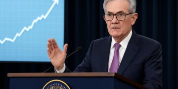 Jerome Powell gesticula ante podio de la Fed con gráfico económico ascendente de fondo.