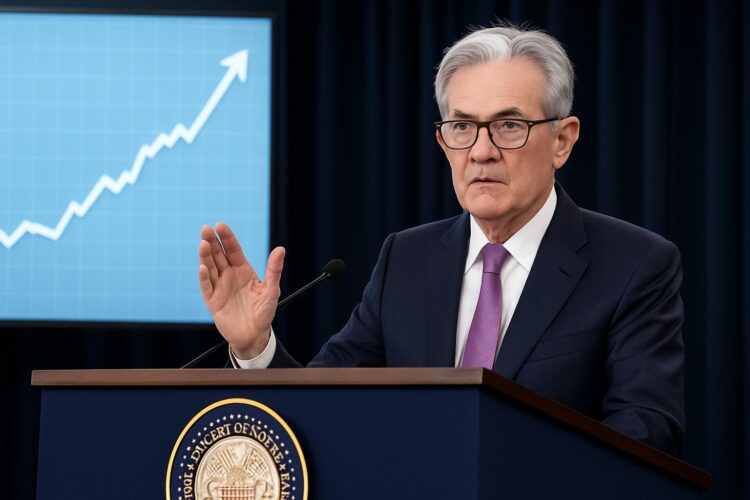 Jerome Powell gesticula ante podio de la Fed con gráfico económico ascendente de fondo.