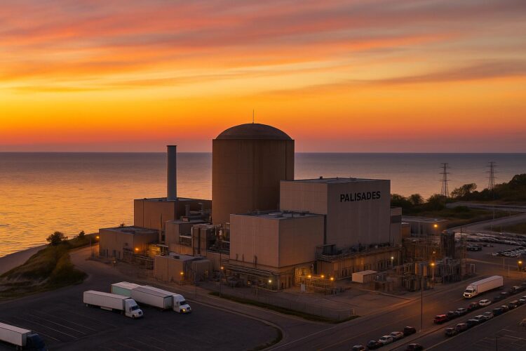 Vista panorámica de la planta nuclear Palisades frente al lago Míchigan al atardecer.