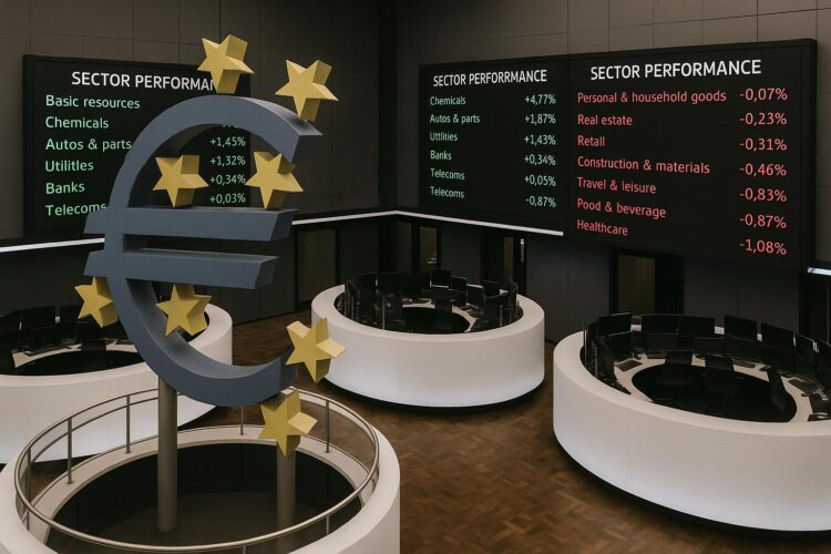 Sala de bolsa europea con pantallas que muestran acciones y sectores ganadores y perdedores.