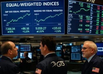 Traders de Wall Street observan pantallas con índice igual ponderados del S&P 500 y Nasdaq.