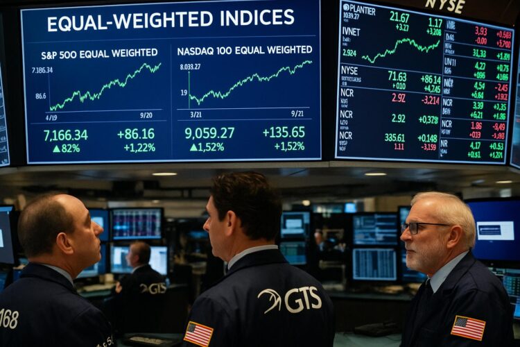 Traders de Wall Street observan pantallas con índice igual ponderados del S&P 500 y Nasdaq.