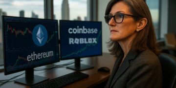 Cathie Wood revisa gráficos financieros junto a logos de Bitmine y Ethereum.