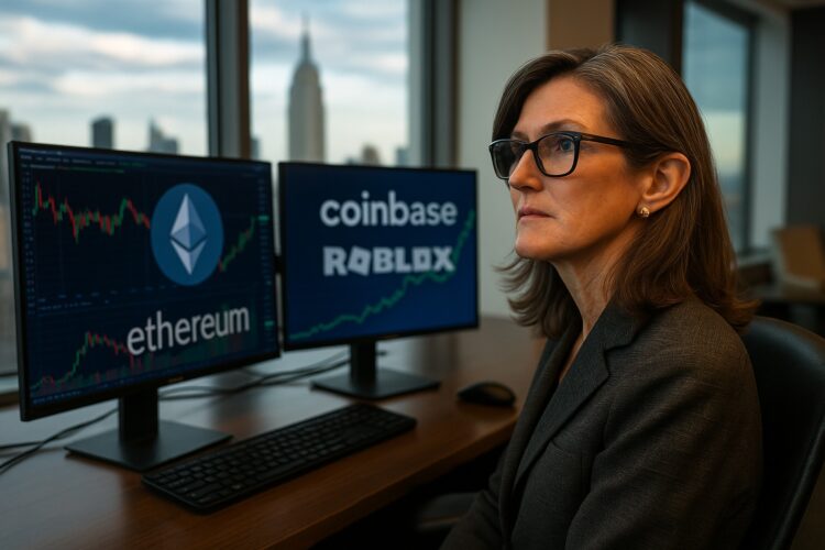 Cathie Wood revisa gráficos financieros junto a logos de Bitmine y Ethereum.