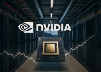 Render de centro de datos con servidores y chip Nvidia en primer plano, con fondo montañoso visible.