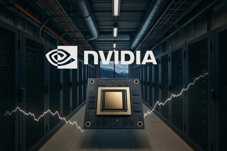 Render de centro de datos con servidores y chip Nvidia en primer plano, con fondo montañoso visible.