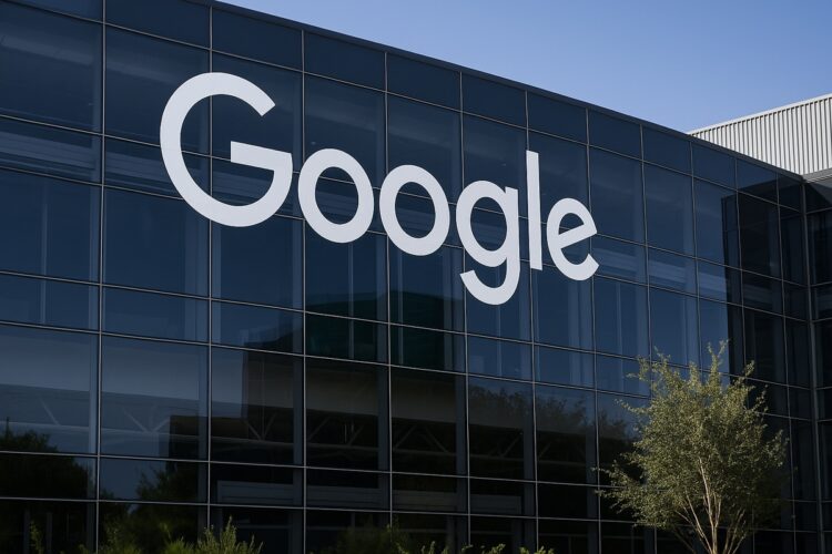 Fachada de un edificio de Alphabet con logo visible en ángulo realista.