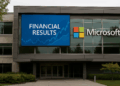 Fachada del campus de Microsoft con pantalla digital que muestra anuncio de resultados financieros.