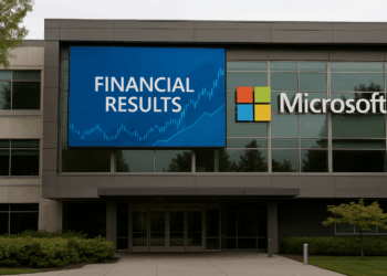 Fachada del campus de Microsoft con pantalla digital que muestra anuncio de resultados financieros.