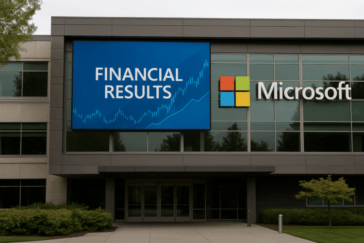 Fachada del campus de Microsoft con pantalla digital que muestra anuncio de resultados financieros.