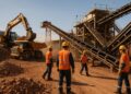 Trabajadores en planta de extracción de cobre con maquinaria pesada y cintas transportadoras.
