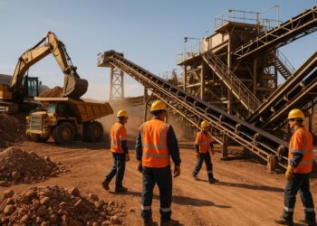 Trabajadores en planta de extracción de cobre con maquinaria pesada y cintas transportadoras.