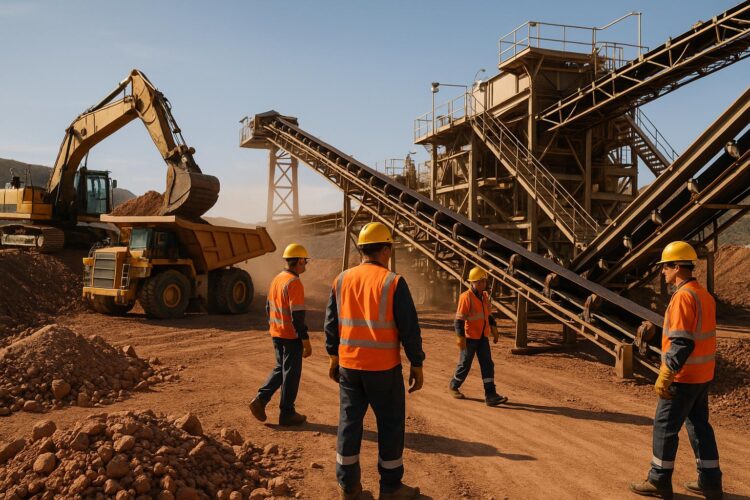 Trabajadores en planta de extracción de cobre con maquinaria pesada y cintas transportadoras.
