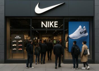Clientes observan escaparate de tienda Nike con lanzamientos recientes en calle urbana.