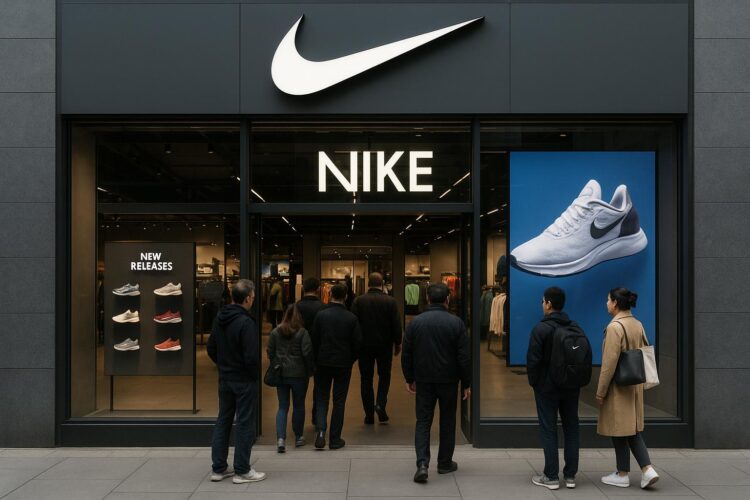 Clientes observan escaparate de tienda Nike con lanzamientos recientes en calle urbana.