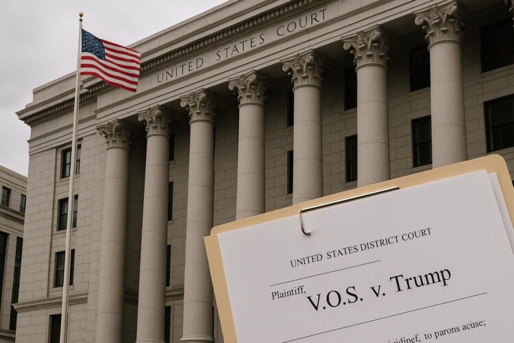 Tribunal federal de EE.UU. con bandera y carpeta con caso V.O.S. v. Trump en primer plano.