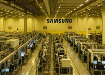 nterior de fábrica de Samsung en Texas con líneas de producción automatizadas y luces encendidas.