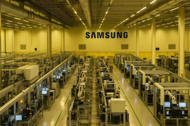nterior de fábrica de Samsung en Texas con líneas de producción automatizadas y luces encendidas.