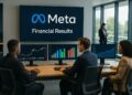 Ejecutivos en oficina de Meta analizan gráficos financieros en pantallas con logo de la empresa.