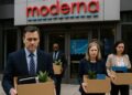 Empleados salen de oficina de Moderna con cajas, tras despidos, frente a logo de la empresa.