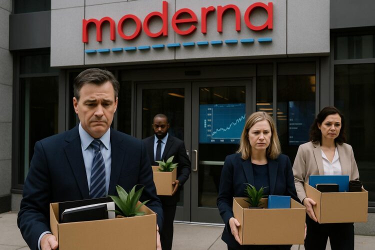 Empleados salen de oficina de Moderna con cajas, tras despidos, frente a logo de la empresa.