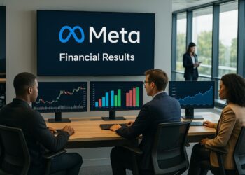 Ejecutivos en oficina de Meta analizan gráficos financieros en pantallas con logo de la empresa.
