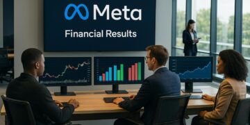 Ejecutivos en oficina de Meta analizan gráficos financieros en pantallas con logo de la empresa.