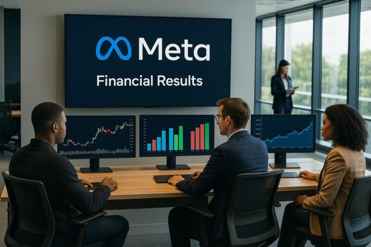 Ejecutivos en oficina de Meta analizan gráficos financieros en pantallas con logo de la empresa.