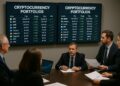 Reunión ejecutiva con gráficos de Ethereum y otras criptomonedas en pantallas y análisis de portafolios digitales.