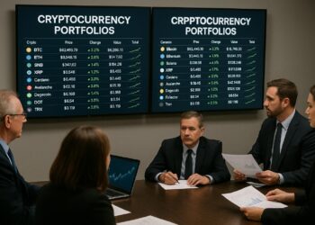 Reunión ejecutiva con gráficos de Ethereum y otras criptomonedas en pantallas y análisis de portafolios digitales.