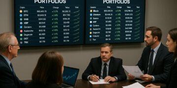 Reunión ejecutiva con gráficos de Ethereum y otras criptomonedas en pantallas y análisis de portafolios digitales.