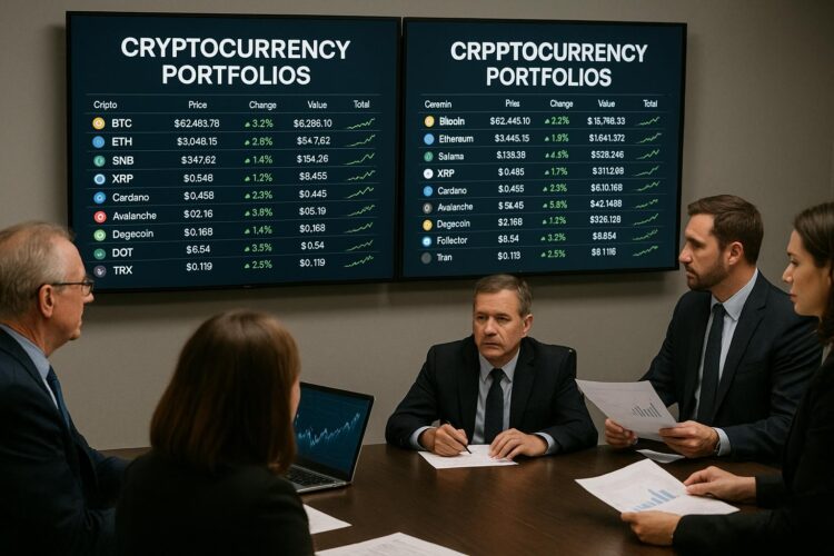 Reunión ejecutiva con gráficos de Ethereum y otras criptomonedas en pantallas y análisis de portafolios digitales.