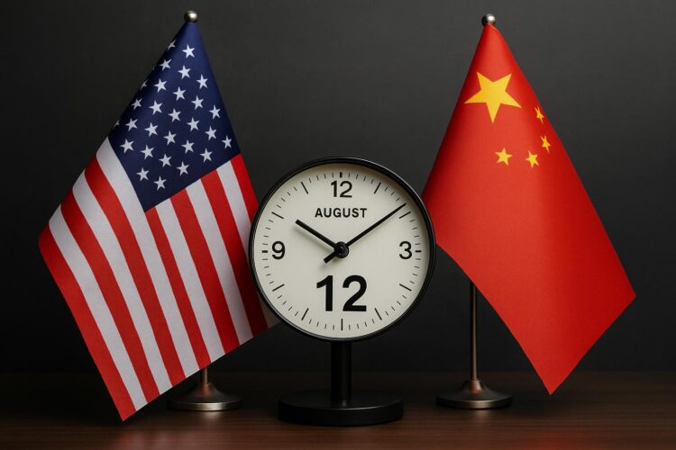 Primer plano de banderas de EE.UU. y China enfrentadas junto a reloj marcando el 12 de agosto.