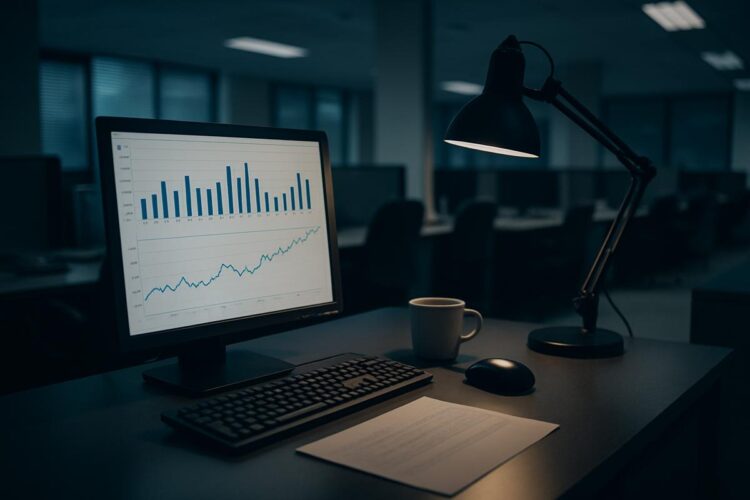 Oficina de empleo tradicional con escritorios y carteles sobre desempleo.