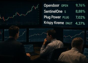 Operadores en sala financiera observan gráficos del mercado bursátiles con acciones de alto riesgo al alza.