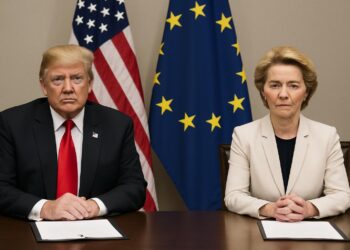 Donald Trump y Ursula von der Leyen sentados frente a banderas de EE.UU. y la UE.