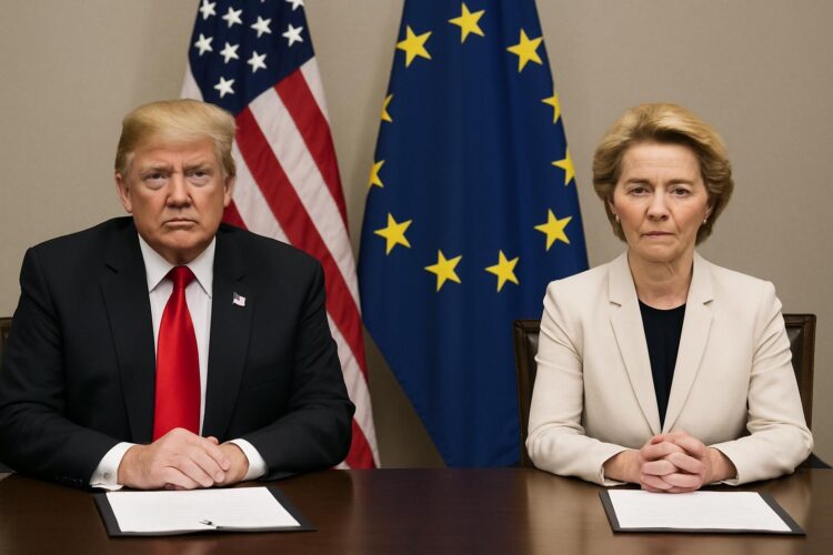 Donald Trump y Ursula von der Leyen sentados frente a banderas de EE.UU. y la UE.