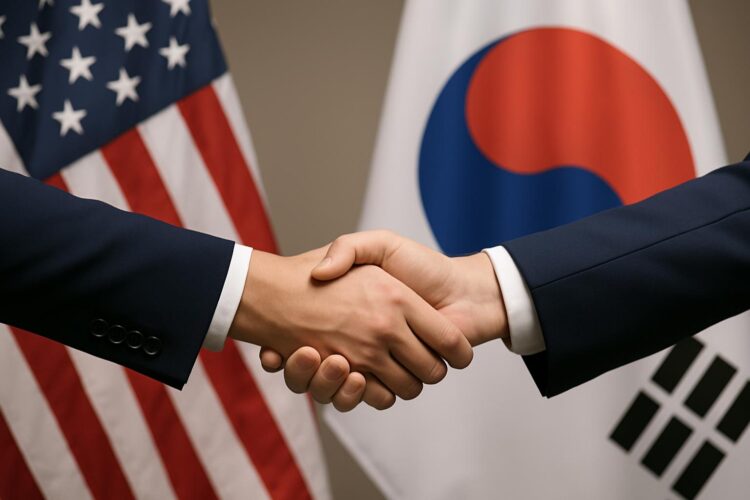 Dos manos estrechándose con banderas de Estados Unidos y Corea del Sur desenfocadas al fondo.