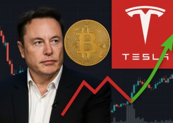 Elon Musk frente a gráfico de Bitcoin con logo de Tesla y flecha verde de recuperación financiera.