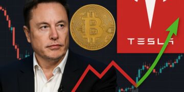 Elon Musk frente a gráfico de Bitcoin con logo de Tesla y flecha verde de recuperación financiera.