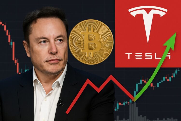 Elon Musk frente a gráfico de Bitcoin con logo de Tesla y flecha verde de recuperación financiera.