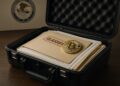 Maletín negro abierto con monedas físicas de Bitcoin dentro, en entorno institucional