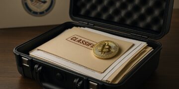 Maletín negro abierto con monedas físicas de Bitcoin dentro, en entorno institucional