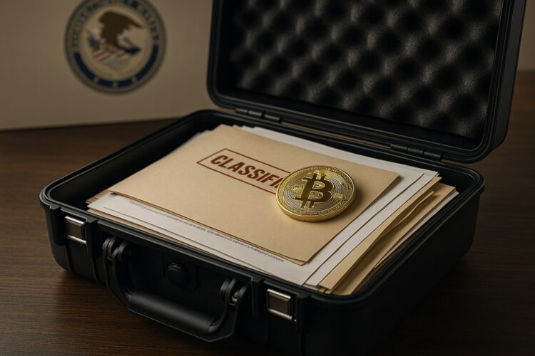 Maletín negro abierto con monedas físicas de Bitcoin dentro, en entorno institucional