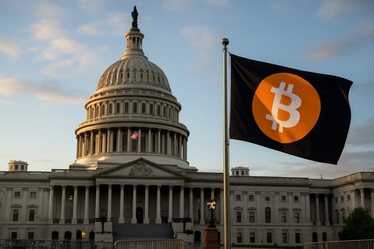 Capitolio de EE.UU. con símbolo de bitcoin realista en escena política tensa.