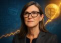 Cathie Wood en primer plano con gráficos tecnológicos de fondo representando sus ETFs innovadores.