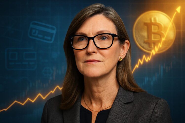 Cathie Wood en primer plano con gráficos tecnológicos de fondo representando sus ETFs innovadores.
