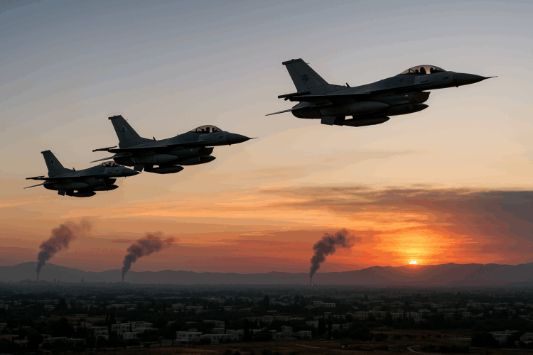 Tres aviones de combate de israel F-16 vuelan al atardecer sobre Damasco con columnas de humo al fondo